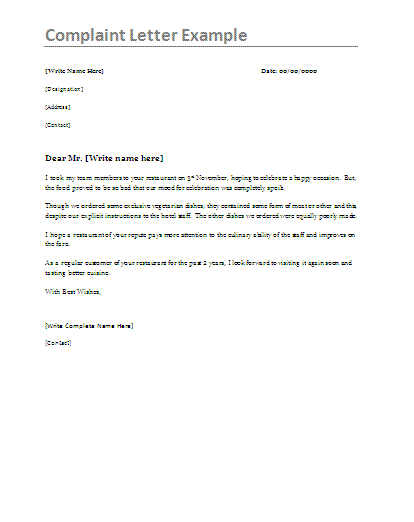 Free Complaint Letter Example