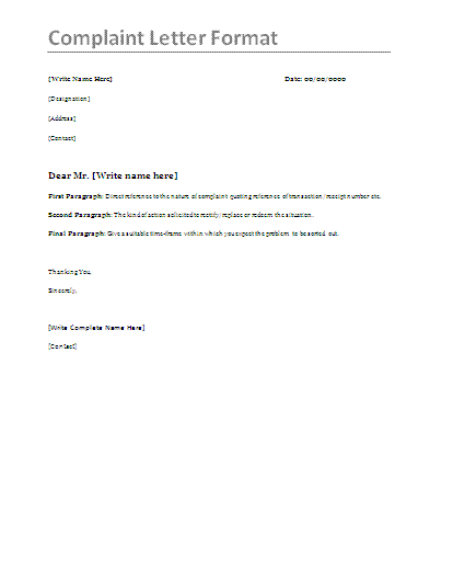 Free Complaint Letter Format