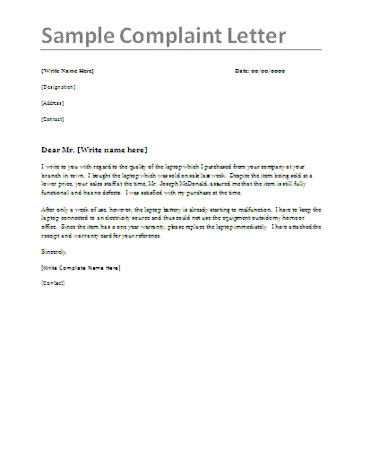 Free Complaint Letter Sample