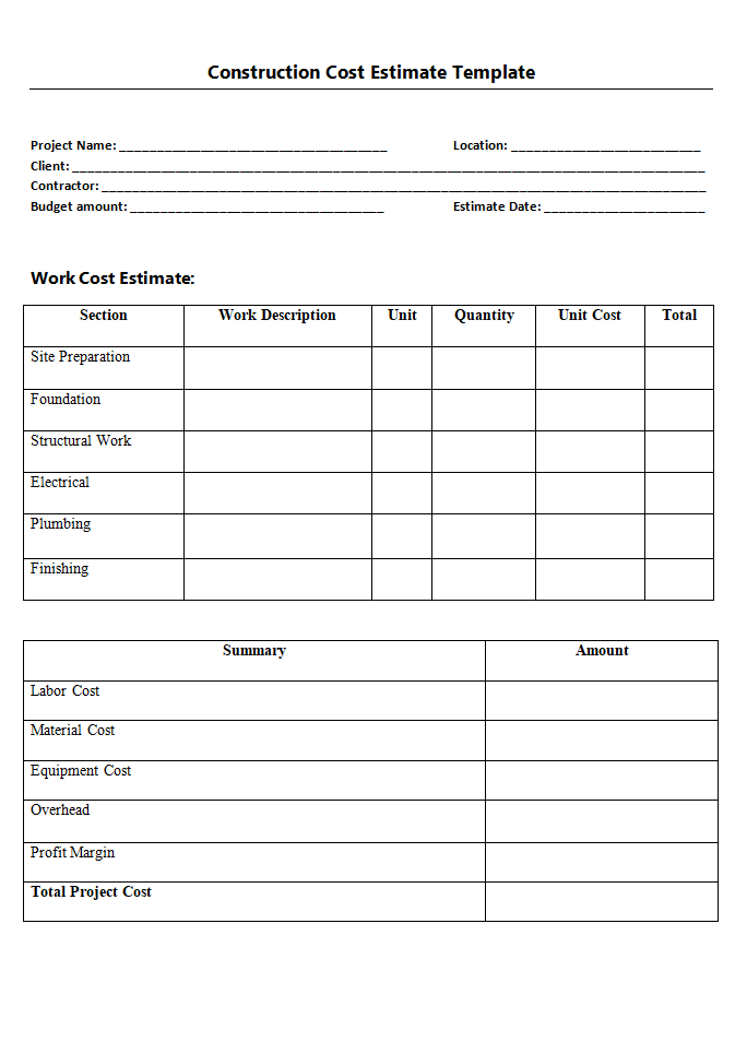 Construction Cost Estimate Template
