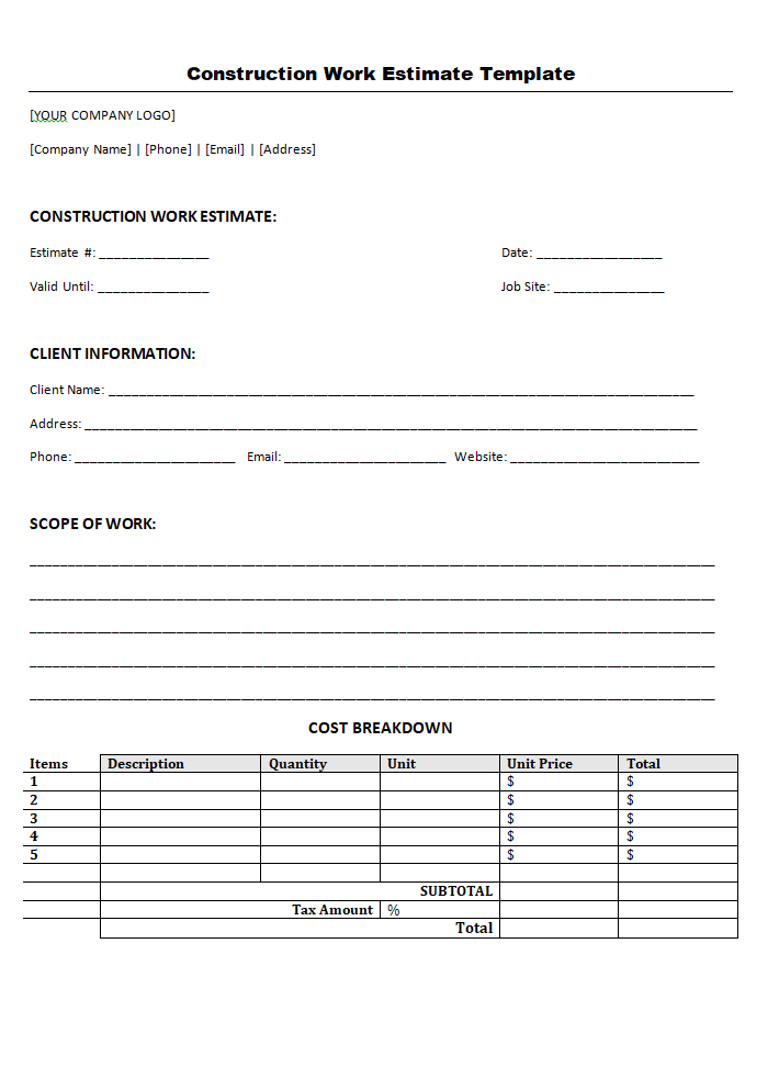 Construction Estimate Template