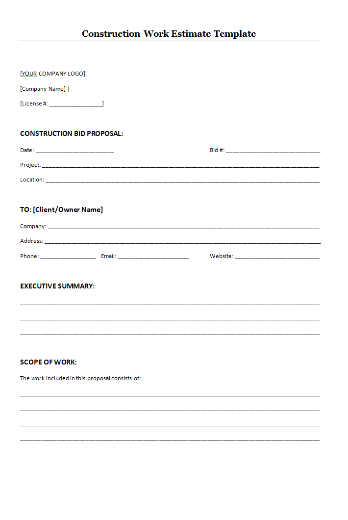 Construction Work Estimate Template