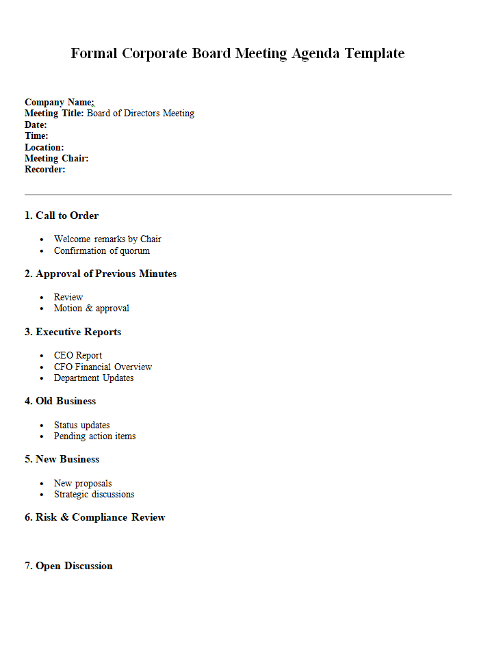Formal Corporate Board Meeting Agenda Template