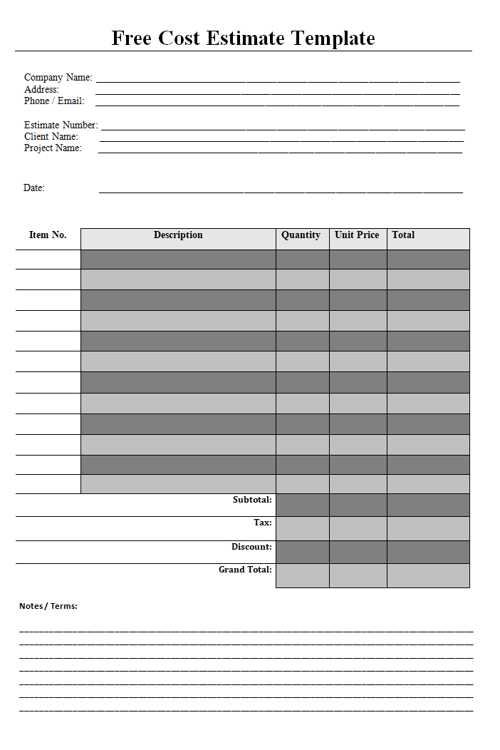 Free Cost Estimate Template
