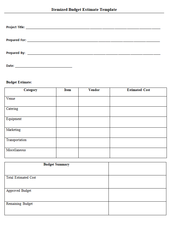 Itemized Cost Estimate Template