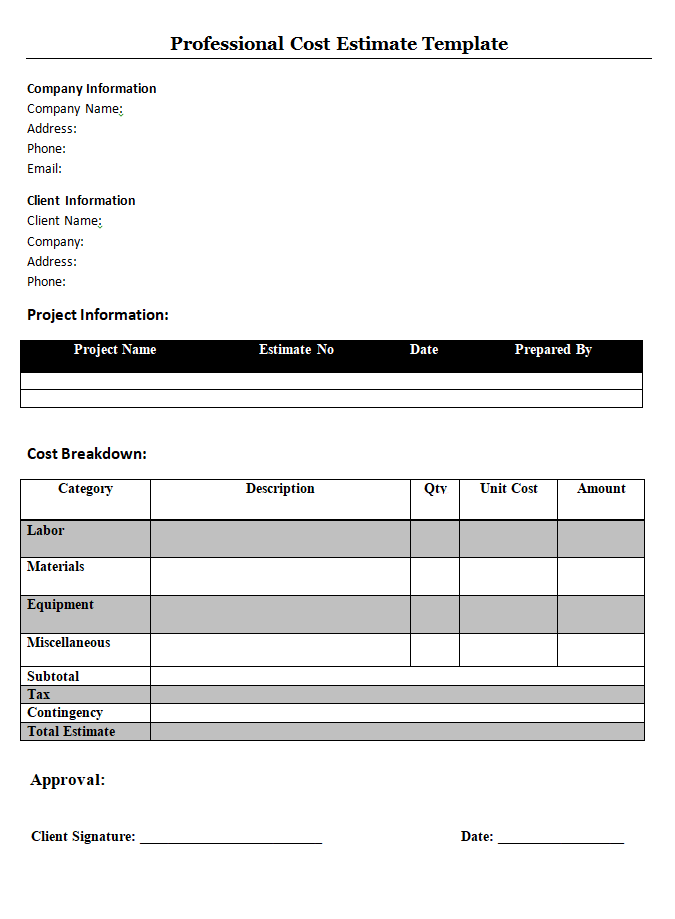 Professional Cost Estimate Template