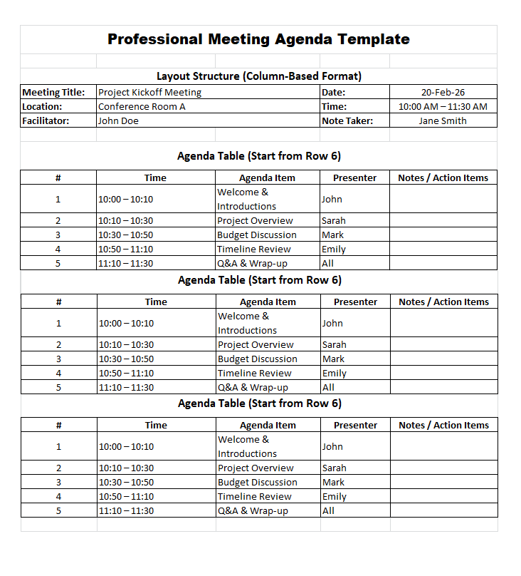 Professional Meeting Agenda Template