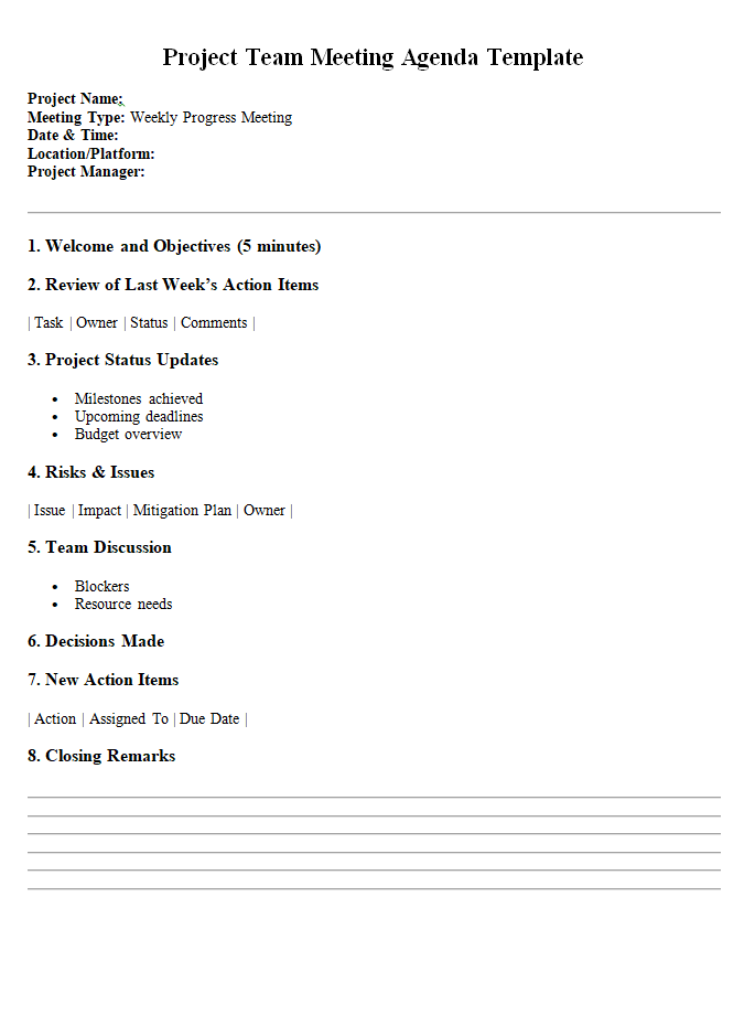 Project Team Meeting Agenda Template