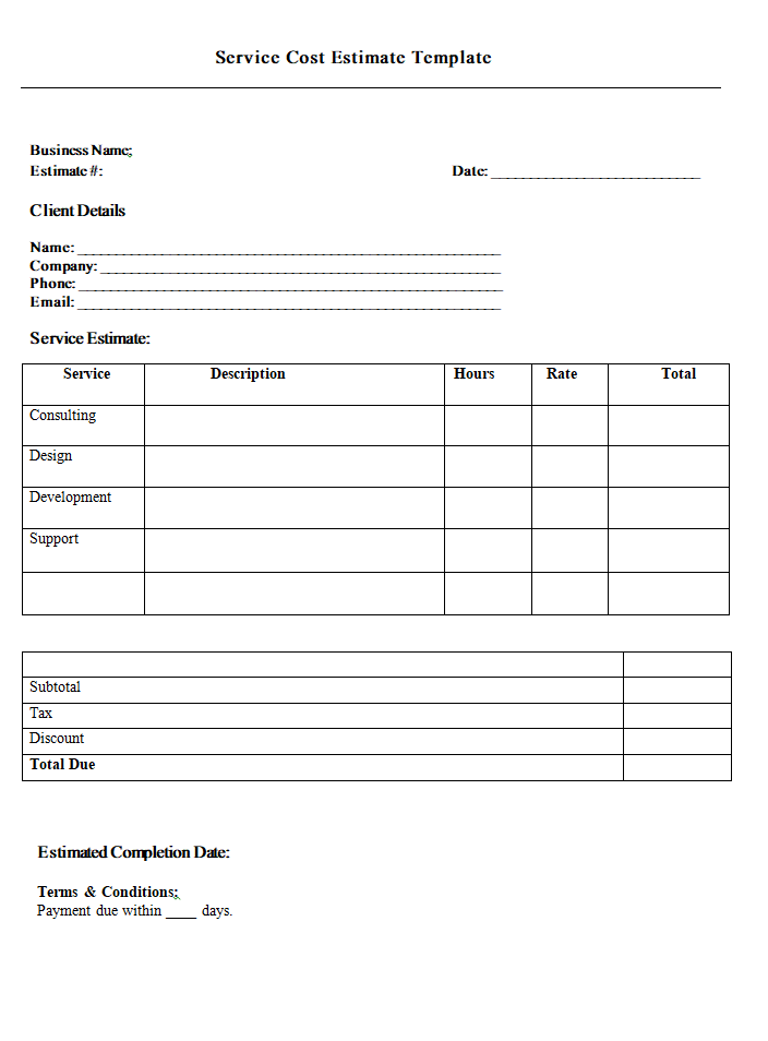 Service Cost Estimate Template