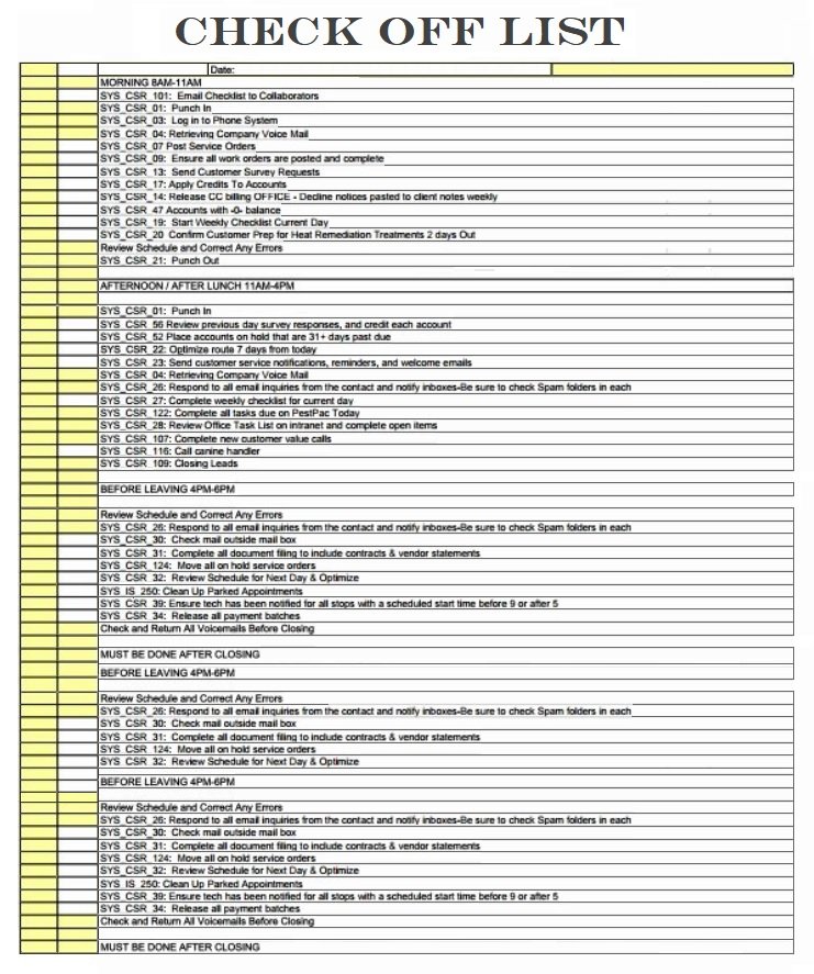 Check Off List Template