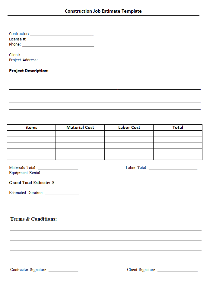 Construction Job Estimate Template