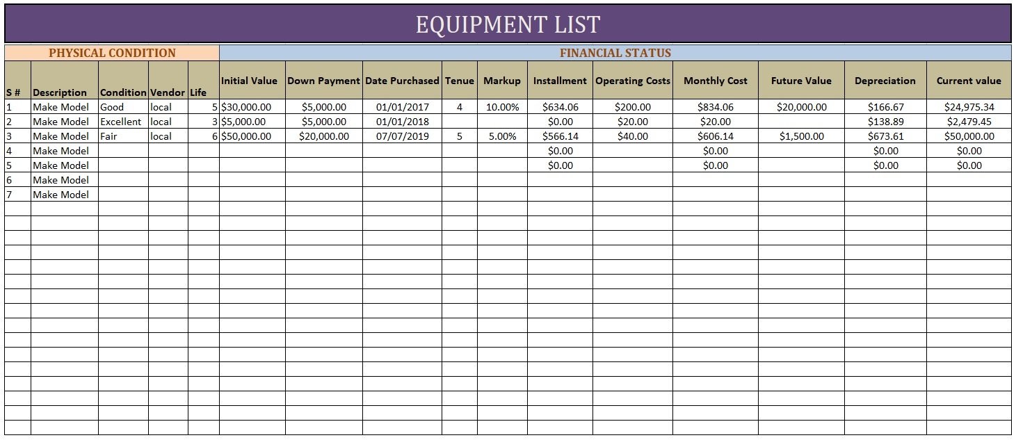 Equipment List Template