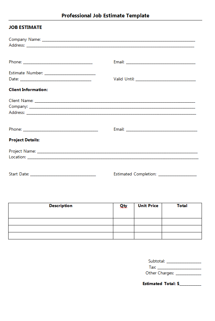Professional Job Estimate Template