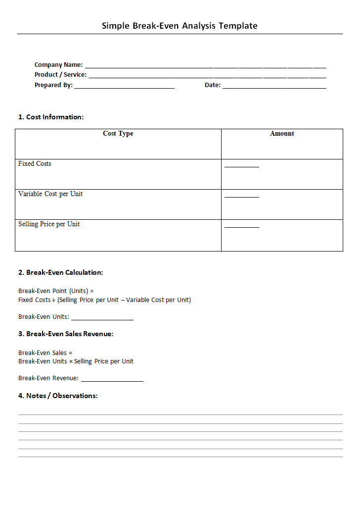 Simple Break Even Analysis Template
