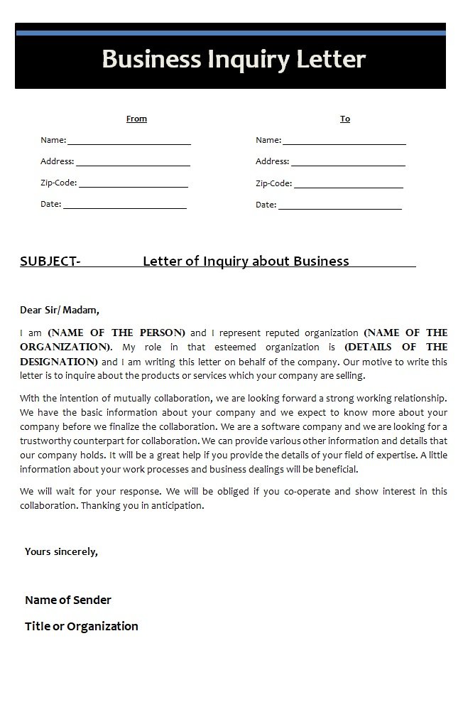 Business Inquiry Letter Template