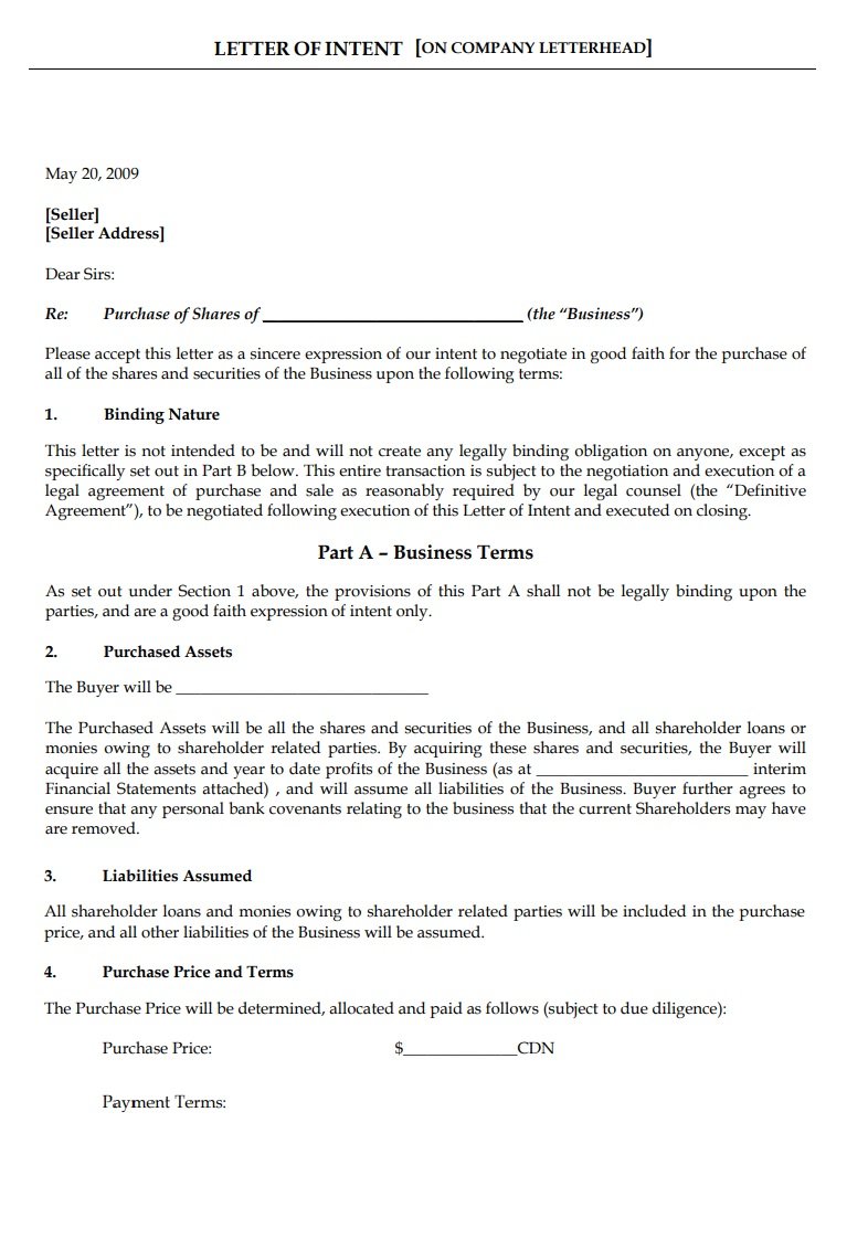 Business Letter of Intent Template