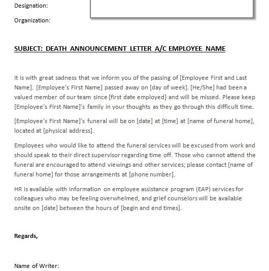 Death Announcement Letter Template