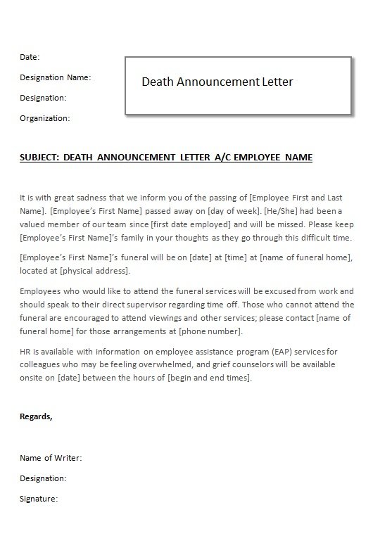 Death Announcement Letter Template