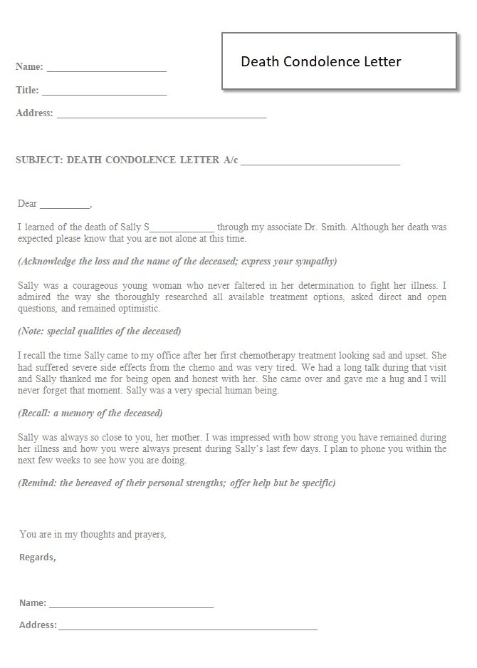 Death Condolence Letter Template